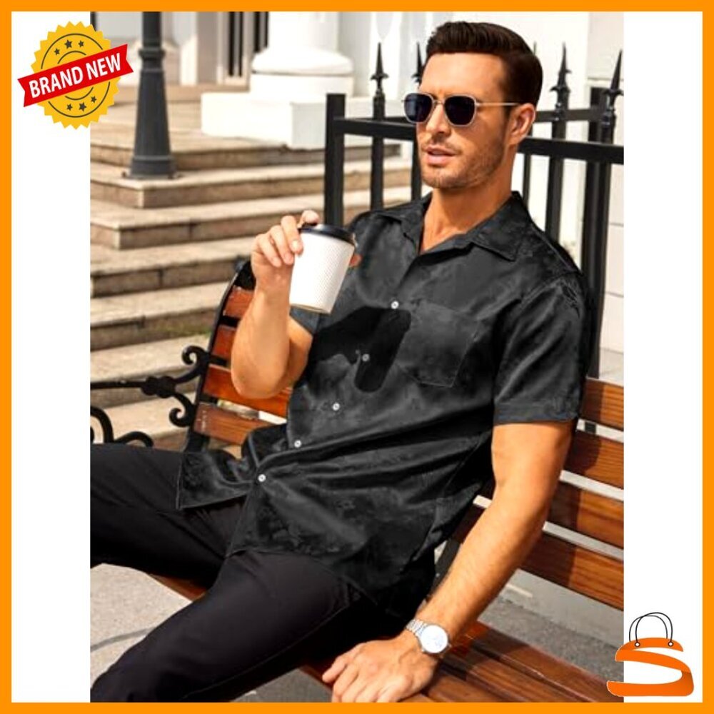 Silk Satin Button Down Shirt Short Sleeve Loose Fit Jacquard Design Summer - Picture 2 of 7